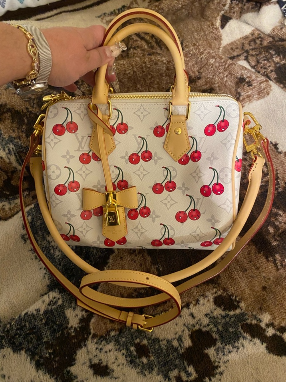 Louis Vuitton White Cherry Satchel with Beige Trim and Red Accents